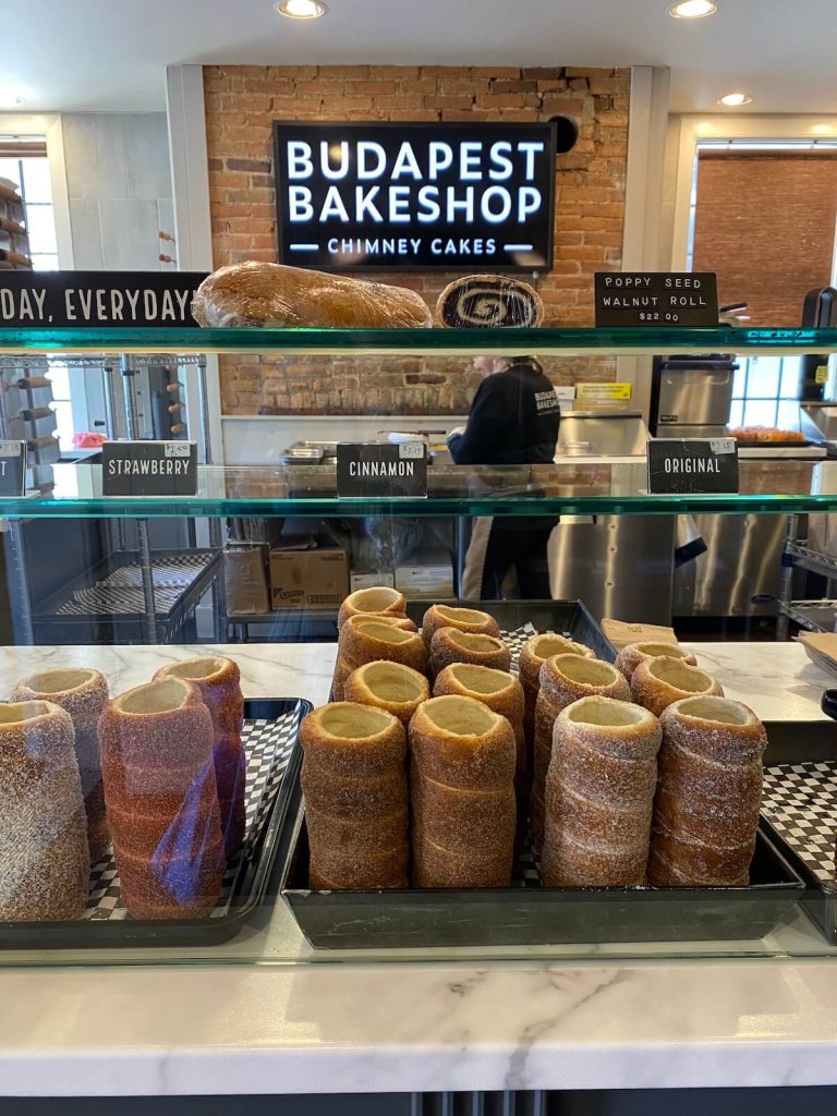Chimney cakes behind the counter of Budapest Bakeshop