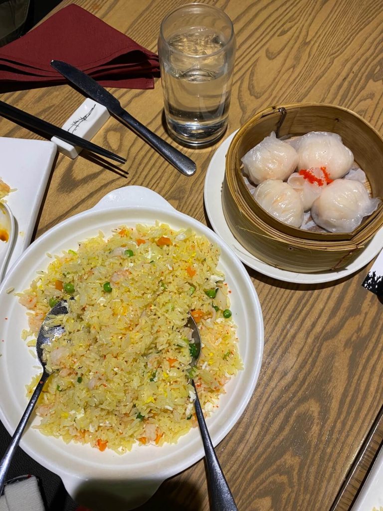 Plate of rice and shrimp dumplings in a dim sum dish at Ma in St. Catharines