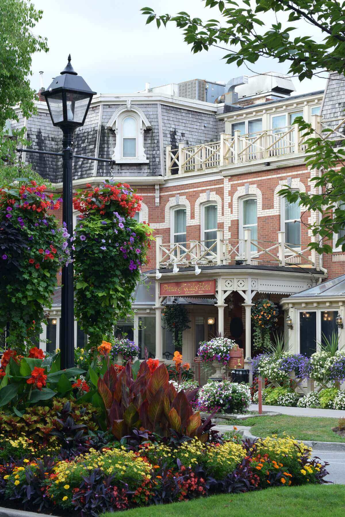 Flowers in front of the Prince of Wales Hotel in Niagara on the Lake