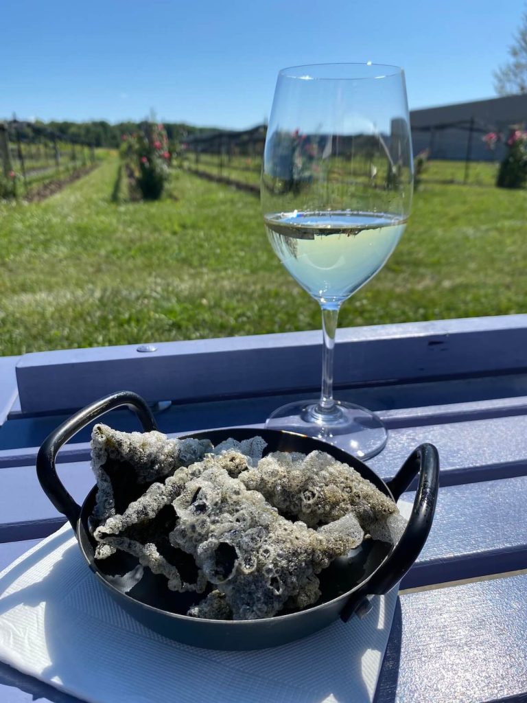Seaweed chips and a glass of wine in front of vineyards at Southbrook Winery, Niagara-on-the-Lake